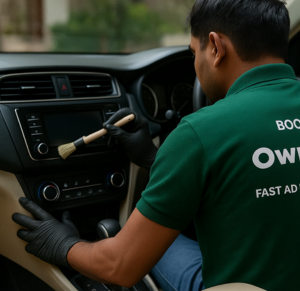 Interior cleaning service by OwnWash including vacuuming, dashboard polish, and deep sanitization at your doorstep